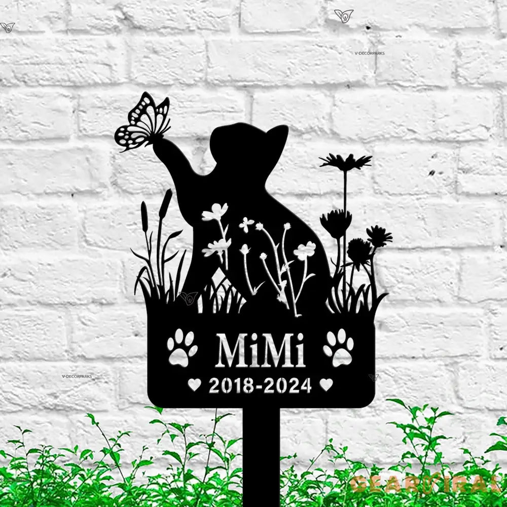 Custom Cat Memorial Stake - Personalized Cat Name Stake - Cat Garden Decor - Metal Spring Cat with Butterfly & Flowers