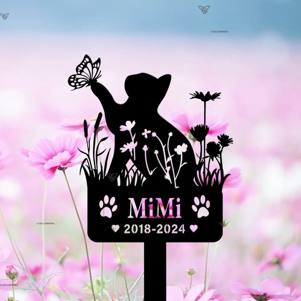 Custom Cat Memorial Stake - Personalized Cat Name Stake - Cat Garden Decor - Metal Spring Cat with Butterfly & Flowers