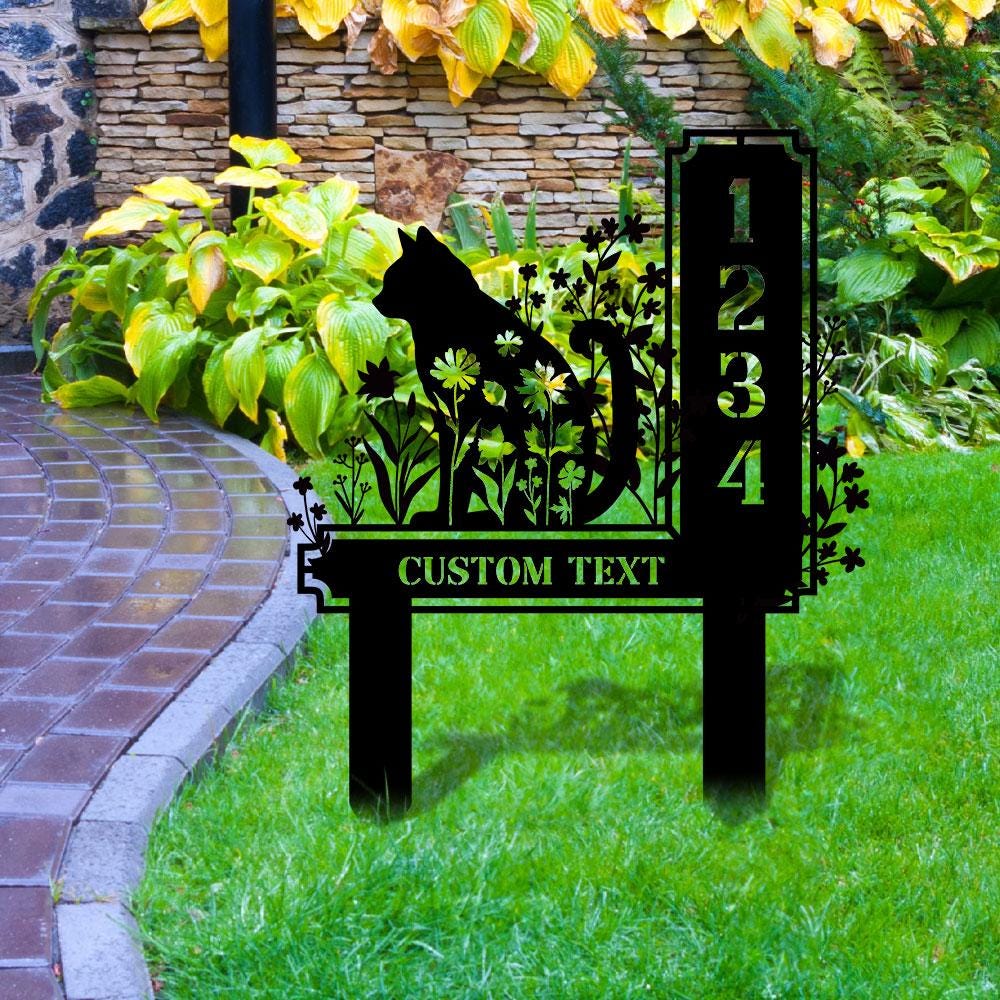 Custom Cat Metal Address Sign With Stakes, Home Address Sign, Metal Yard Decor, Metal Number Sign, Garden Gift, House Number Address