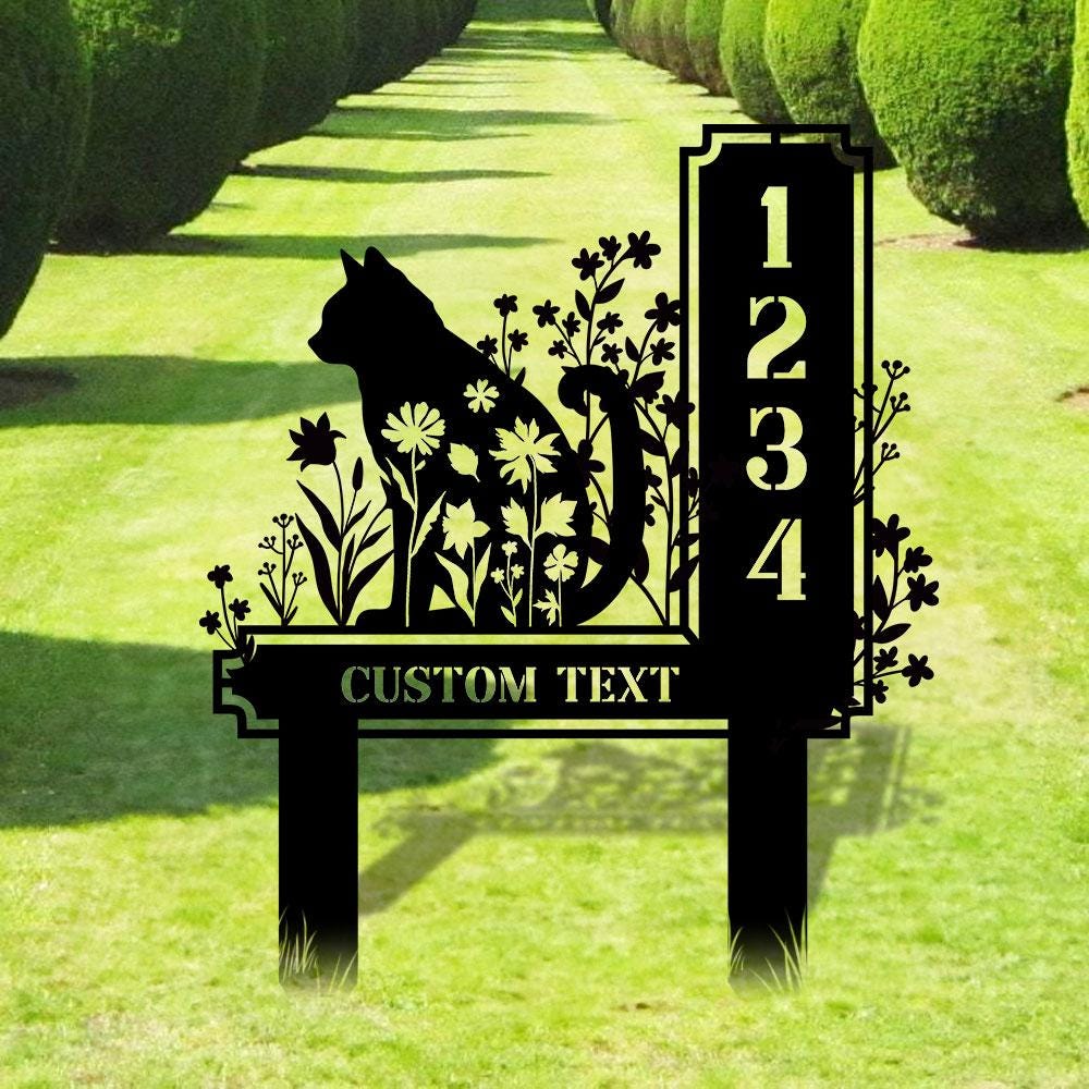 Custom Cat Metal Address Sign With Stakes, Home Address Sign, Metal Yard Decor, Metal Number Sign, Garden Gift, House Number Address