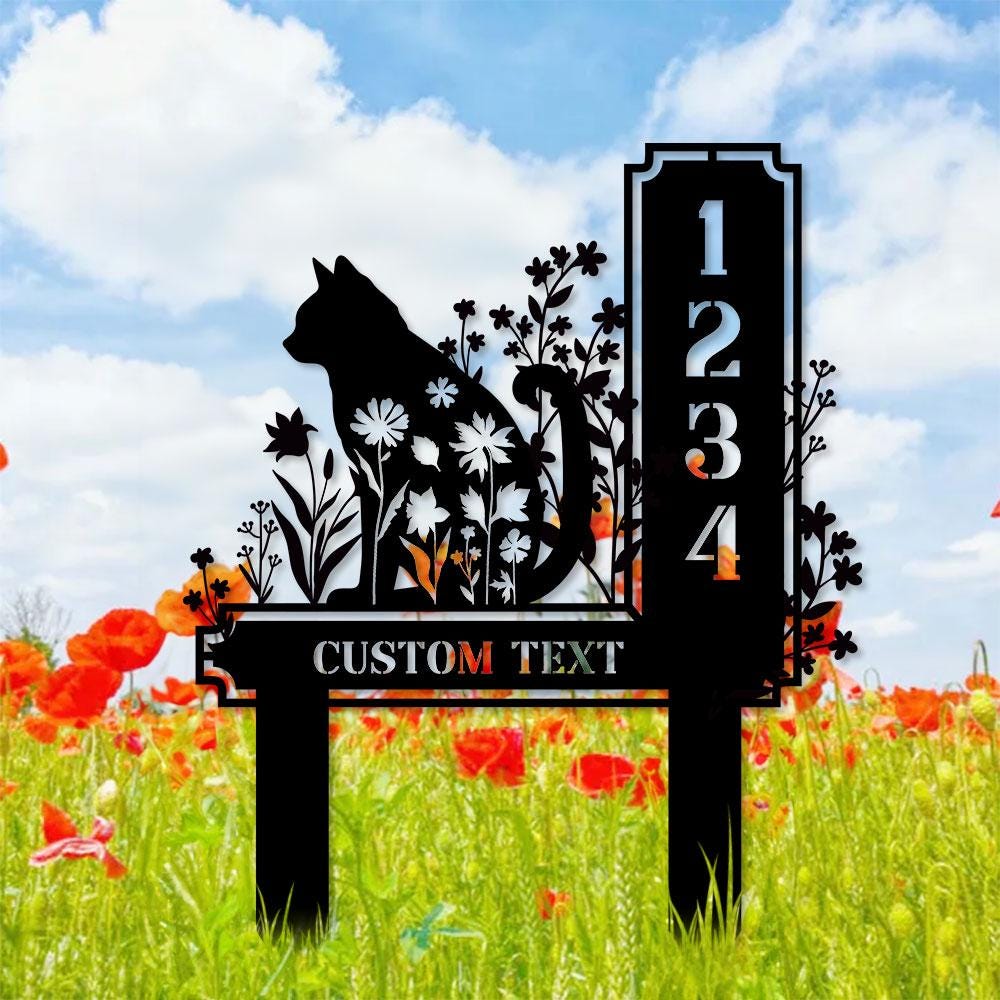 Custom Cat Metal Address Sign With Stakes, Home Address Sign, Metal Yard Decor, Metal Number Sign, Garden Gift, House Number Address