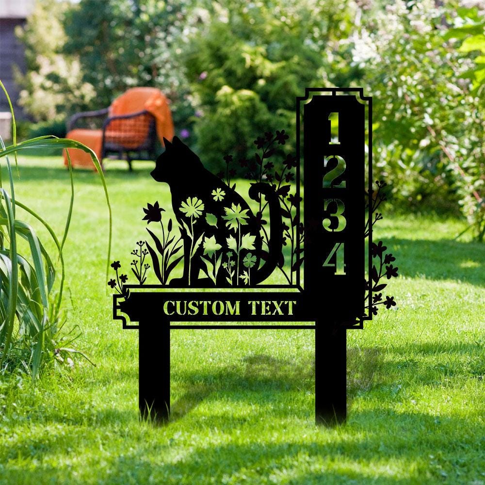 Custom Cat Metal Address Sign With Stakes, Home Address Sign, Metal Yard Decor, Metal Number Sign, Garden Gift, House Number Address