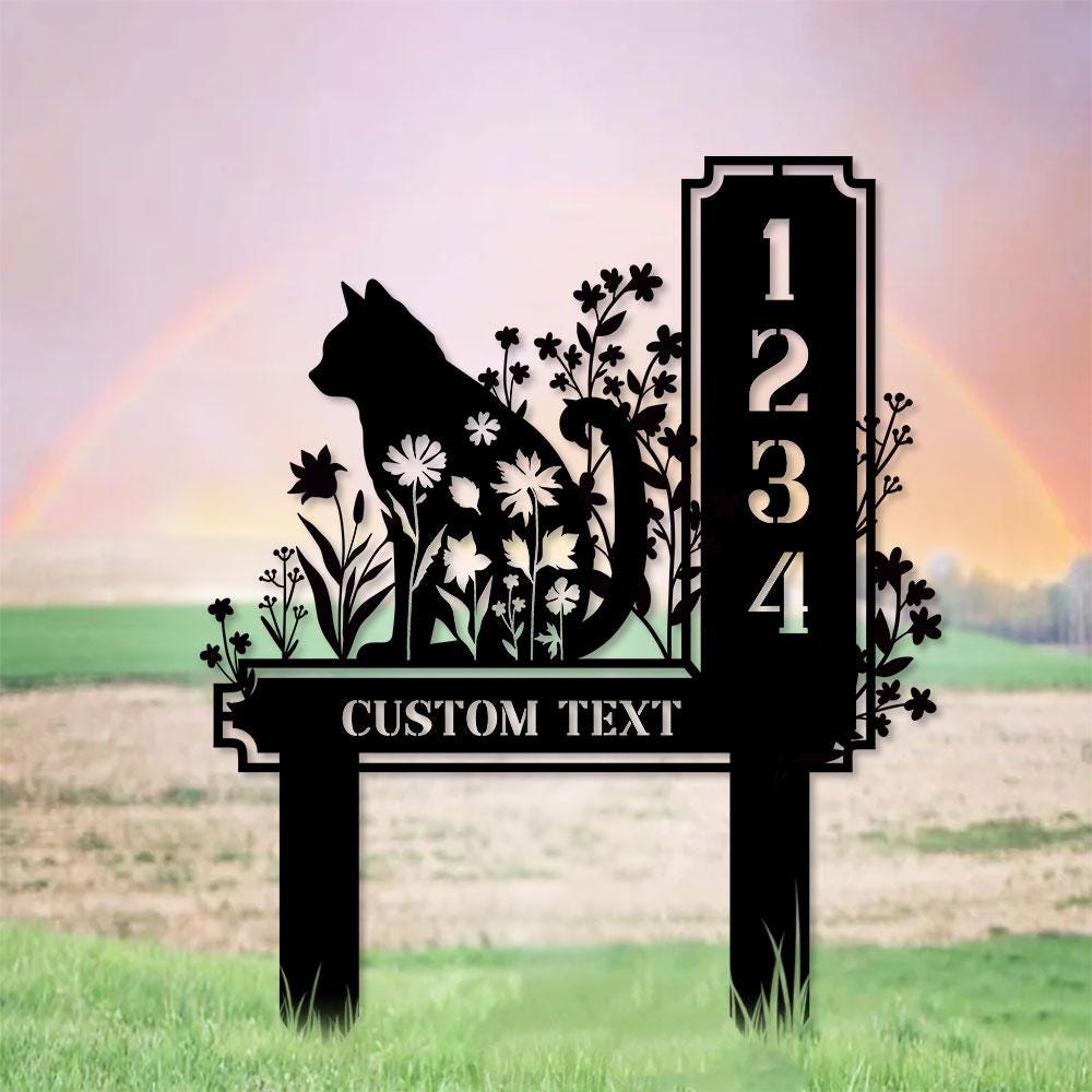 Custom Cat Metal Address Sign With Stakes, Home Address Sign, Metal Yard Decor, Metal Number Sign, Garden Gift, House Number Address