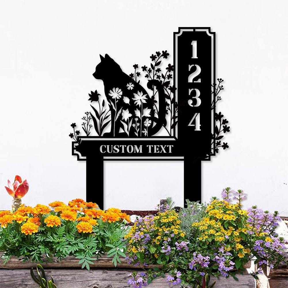 Custom Cat Metal Address Sign With Stakes, Home Address Sign, Metal Yard Decor, Metal Number Sign, Garden Gift, House Number Address