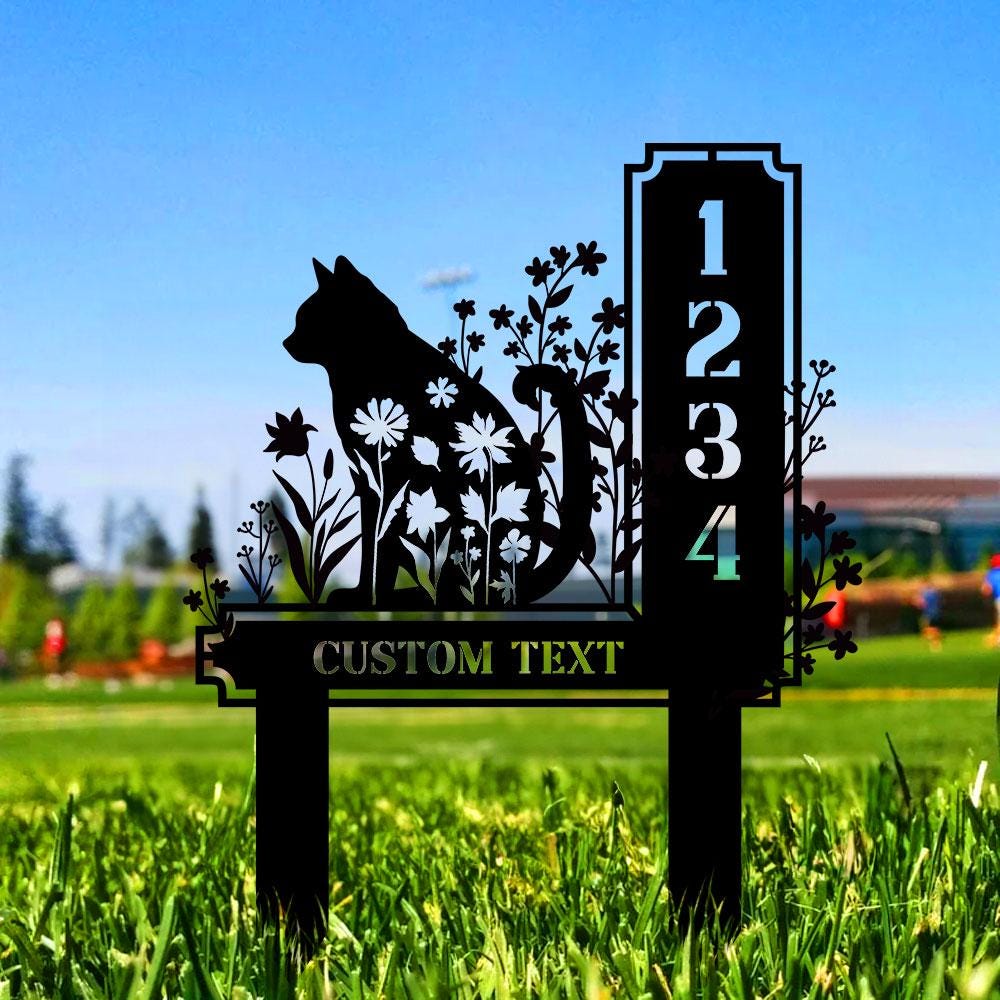 Custom Cat Metal Address Sign With Stakes, Home Address Sign, Metal Yard Decor, Metal Number Sign, Garden Gift, House Number Address