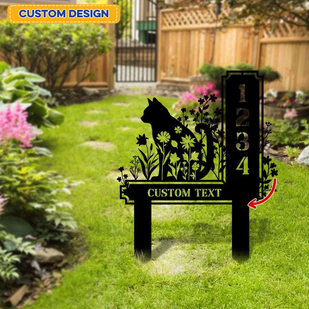 Custom Cat Metal Address Sign With Stakes, Home Address Sign, Metal Yard Decor, Metal Number Sign, Garden Gift, House Number Address