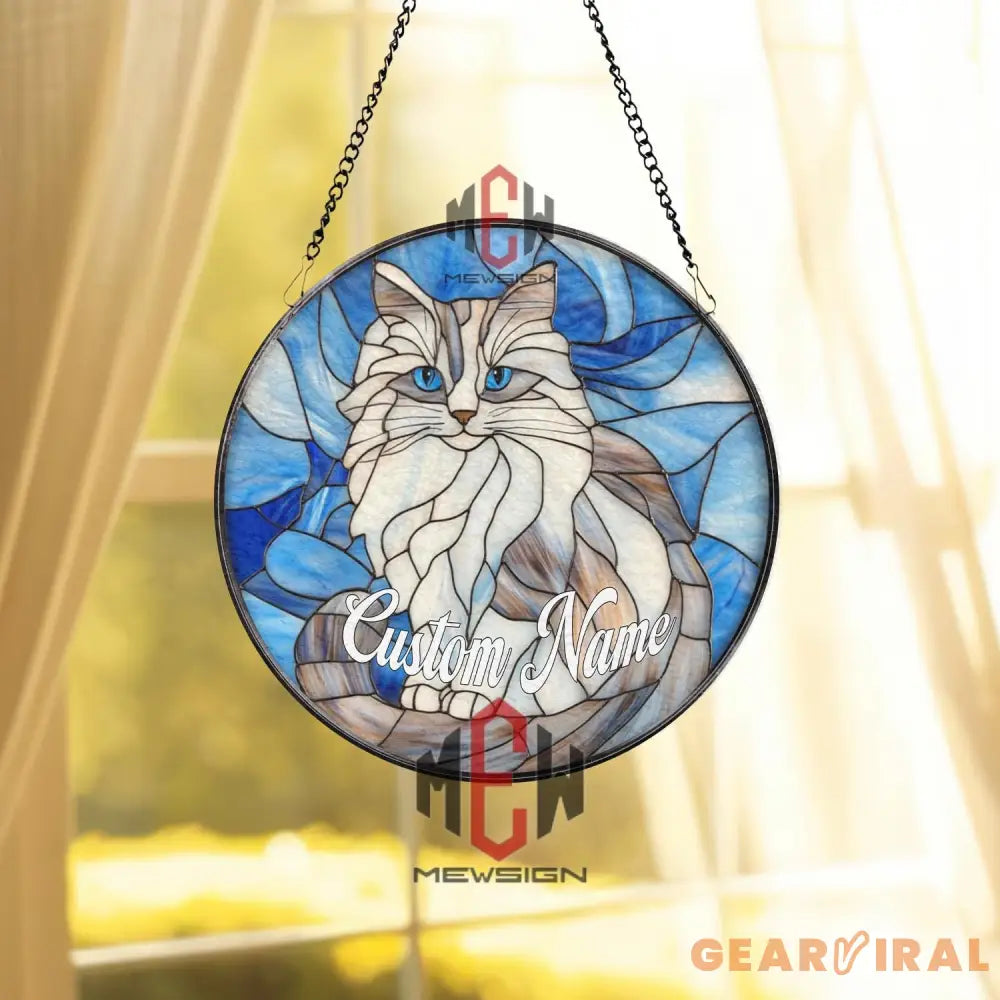 Custom Cat Name Stained Glass Suncatcher Blue Eyed Longhair Cat Window Hanging Personalized Pet Memorial Gift Cat Lover