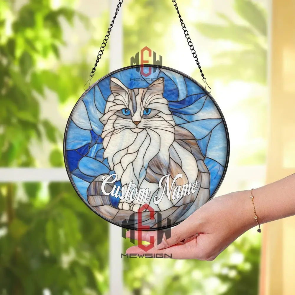 Custom Cat Name Stained Glass Suncatcher Blue Eyed Longhair Cat Window Hanging Personalized Pet Memorial Gift Cat Lover
