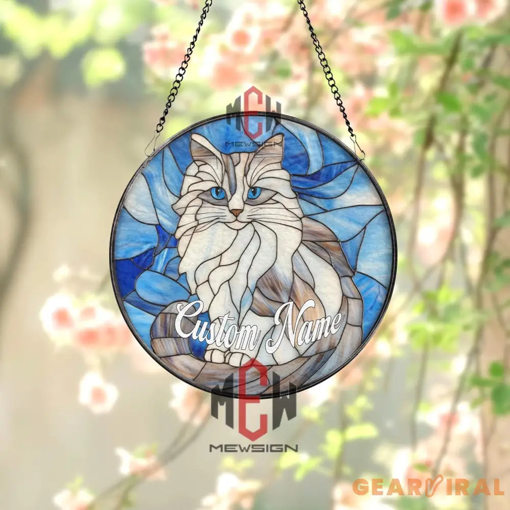 Custom Cat Name Stained Glass Suncatcher Blue Eyed Longhair Cat Window Hanging Personalized Pet Memorial Gift Cat Lover