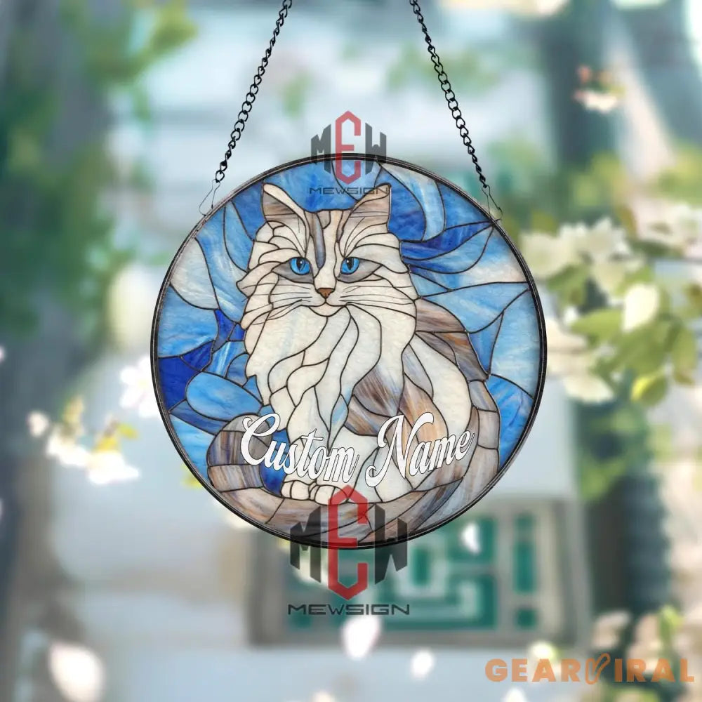 Custom Cat Name Stained Glass Suncatcher Blue Eyed Longhair Cat Window Hanging Personalized Pet Memorial Gift Cat Lover