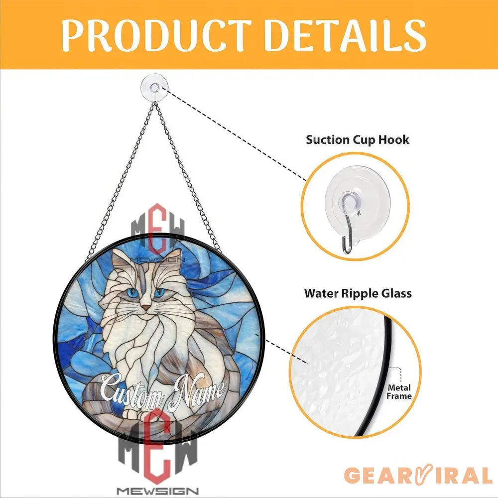 Custom Cat Name Stained Glass Suncatcher Blue Eyed Longhair Cat Window Hanging Personalized Pet Memorial Gift Cat Lover