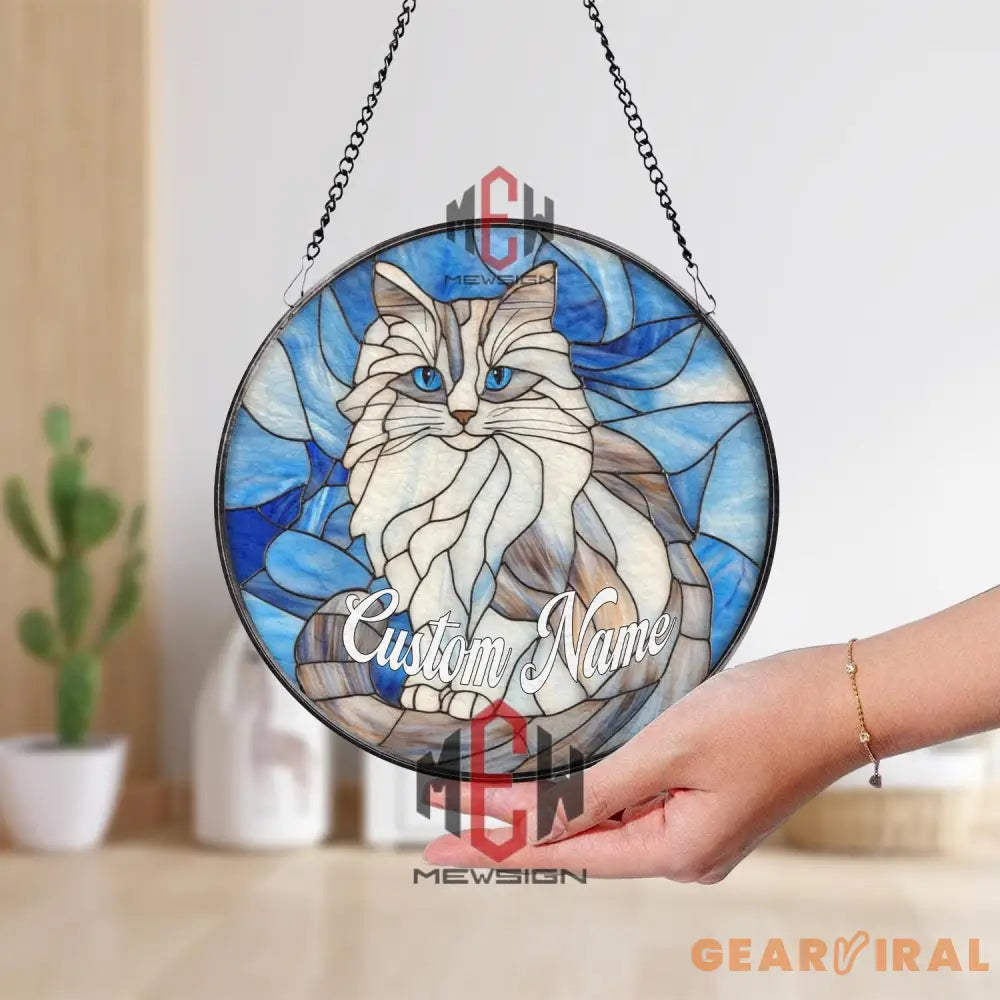 Custom Cat Name Stained Glass Suncatcher Blue Eyed Longhair Cat Window Hanging Personalized Pet Memorial Gift Cat Lover