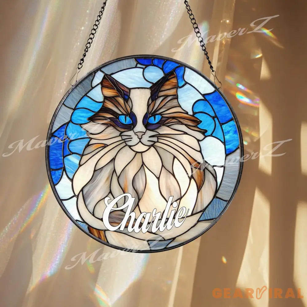 Custom Cat Name Stained Glass Suncatcher Longhair Blue-Eyed Cat Window Panel Personalized Pet Memorial Gift Kitty Lover