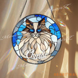 Custom Cat Name Stained Glass Suncatcher Longhair Blue-Eyed Cat Window Panel Personalized Pet Memorial Gift Kitty Lover