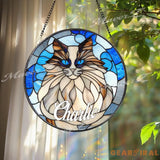 Custom Cat Name Stained Glass Suncatcher Longhair Blue-Eyed Cat Window Panel Personalized Pet Memorial Gift Kitty Lover
