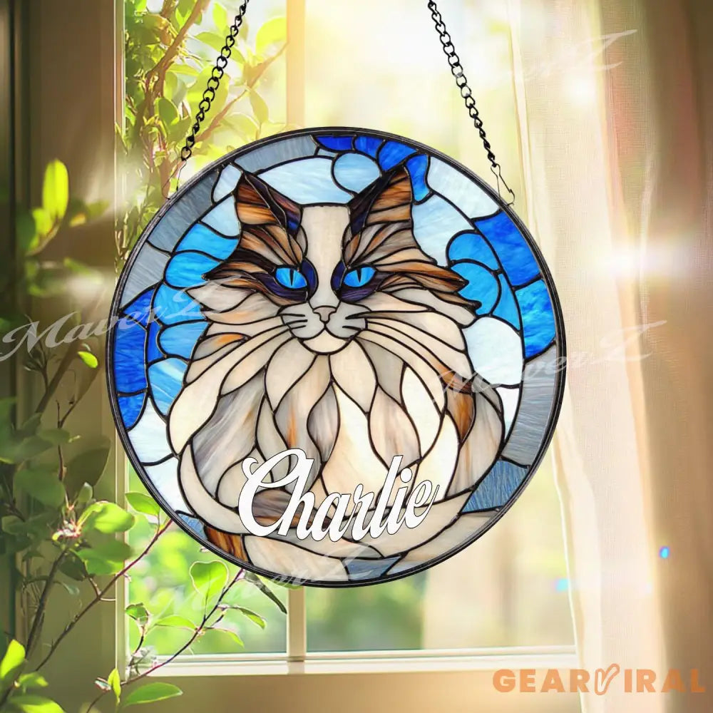 Custom Cat Name Stained Glass Suncatcher Longhair Blue-Eyed Cat Window Panel Personalized Pet Memorial Gift Kitty Lover