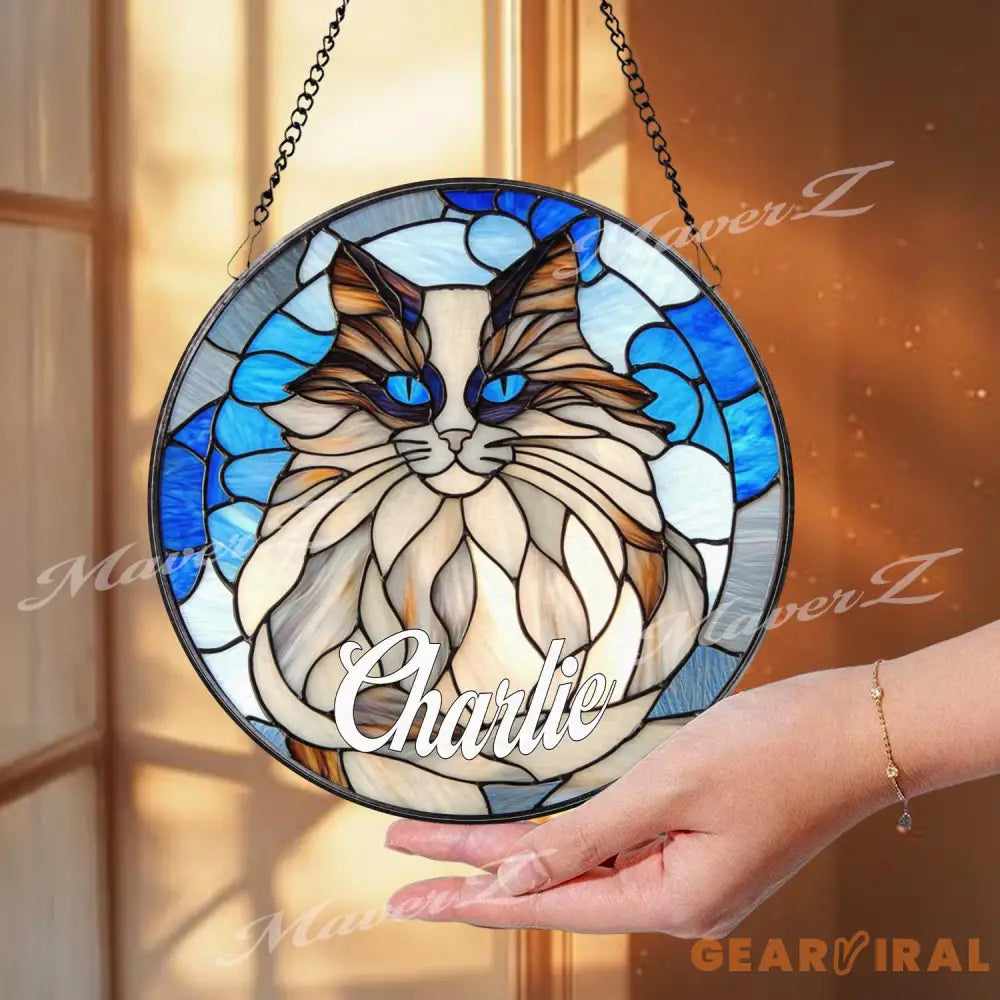 Custom Cat Name Stained Glass Suncatcher Longhair Blue-Eyed Cat Window Panel Personalized Pet Memorial Gift Kitty Lover