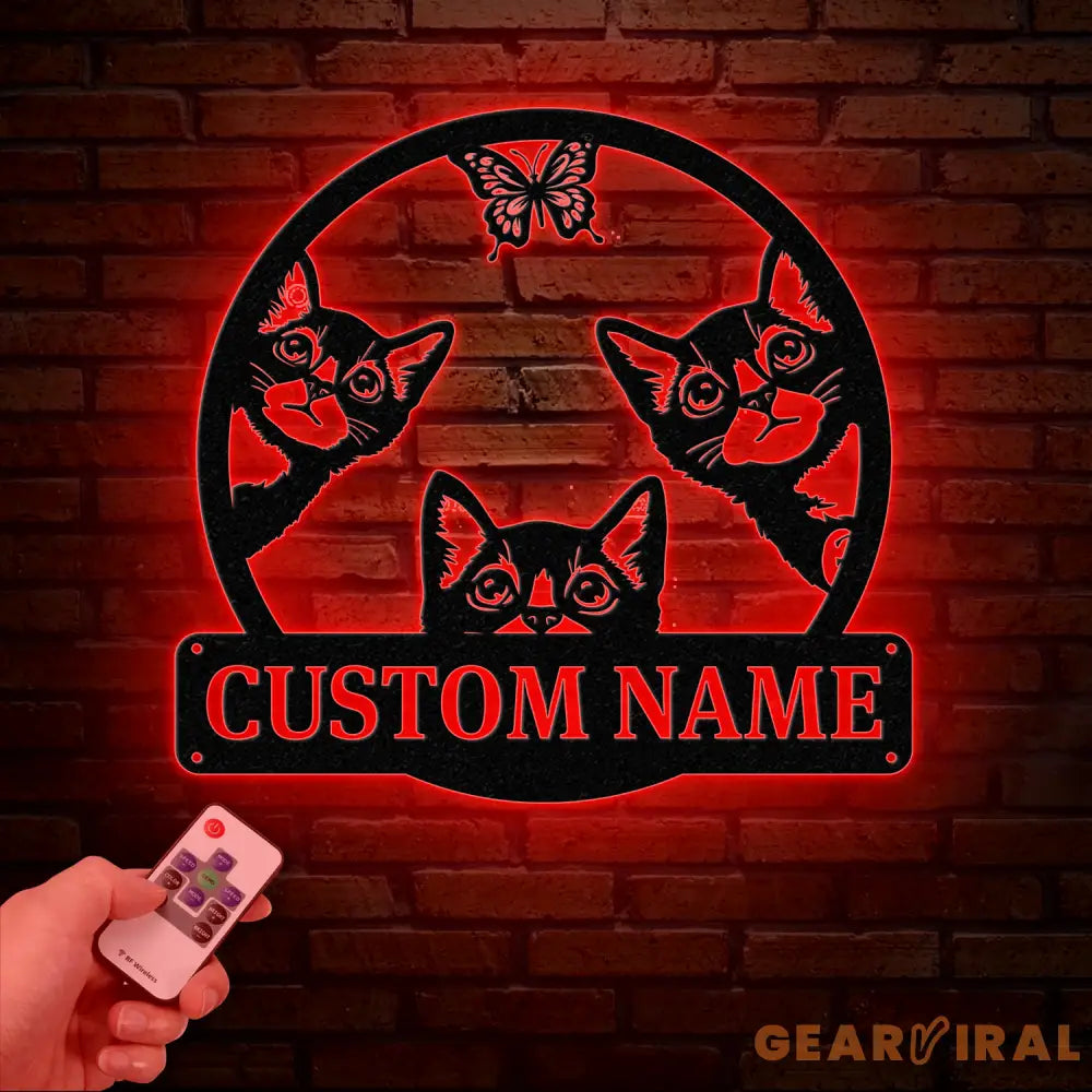 Custom Cat Sign with LED Lights - Personalized Cat Name Door Hanger - Metal Peeking Cat Wall Art - Kitten Welcome Sign