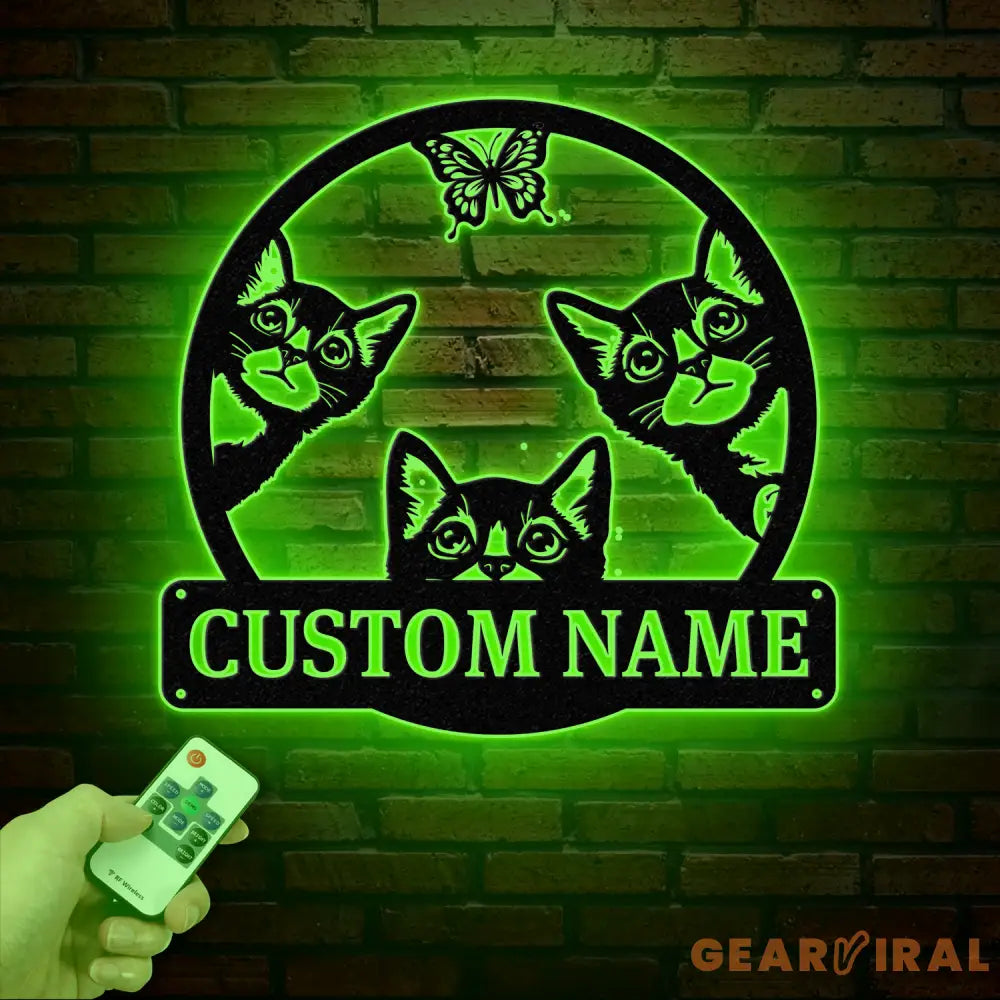 Custom Cat Sign with LED Lights - Personalized Cat Name Door Hanger - Metal Peeking Cat Wall Art - Kitten Welcome Sign