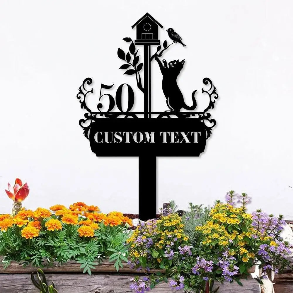 Custom Cat With Clock Breed Metal Sign Cat Address Plaque Cat Address Number Stake Personalized Cat Garden Sign Cat
