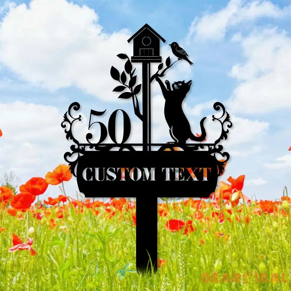 Custom Cat With Clock Breed Metal Sign Cat Address Plaque Cat Address Number Stake Personalized Cat Garden Sign Cat