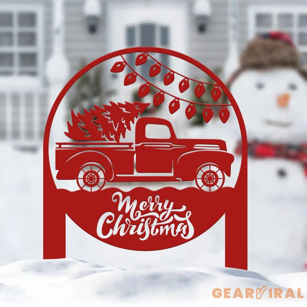 Custom Christmas Yard Sign – Red Truck with Tree Metal Decoration for Lawn or Garden – Festive Outdoor Holiday Decor