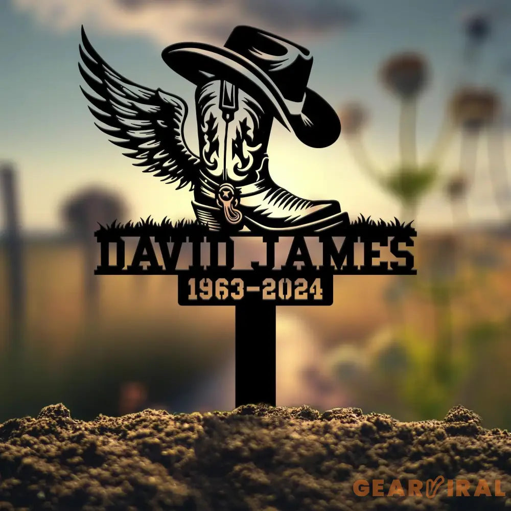 Custom Cowboy Boot Hat With Wings Memorial Stake Personalized Cowboy Name Memorial Sign Cowboy Sympathy Gift Memorial