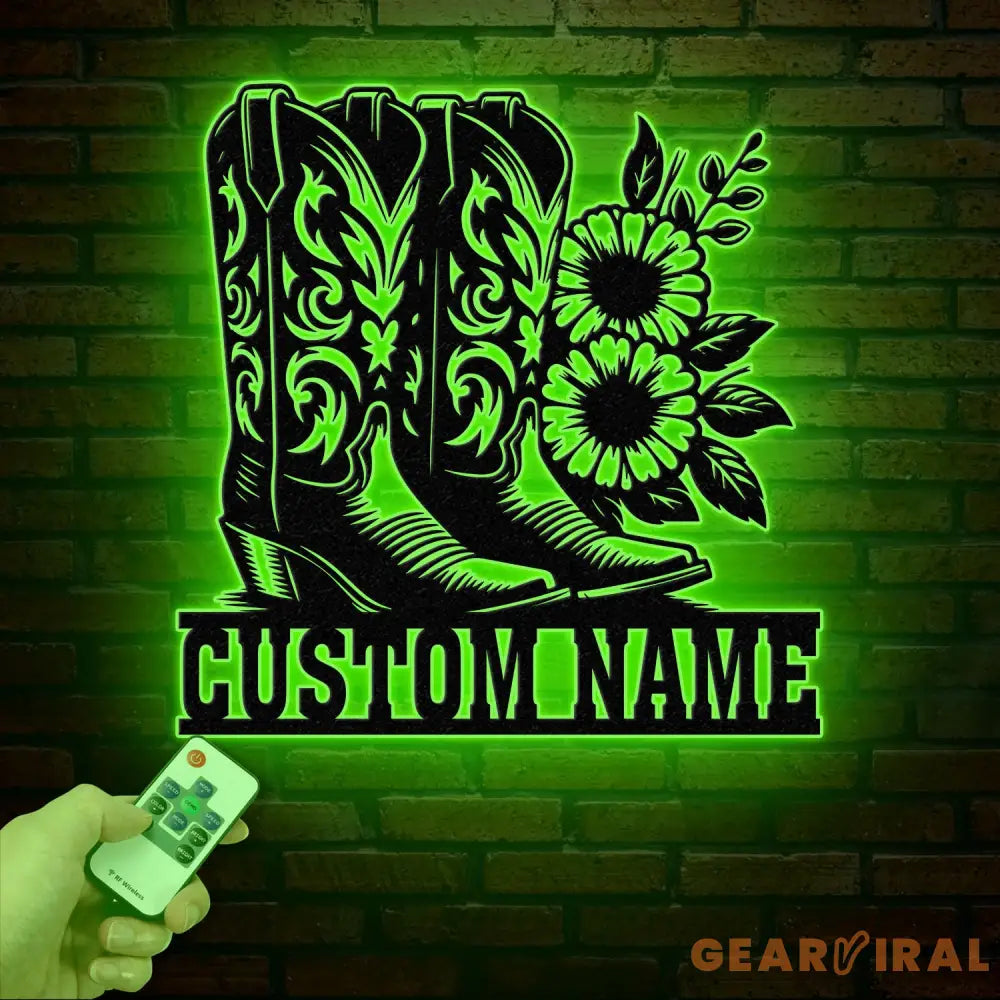 Custom Cowboy Boots with Flowers Metal Wall Art with LED Light Personalized Western Horse Shoes Name Sign Country