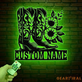 Custom Cowboy Boots with Flowers Metal Wall Art with LED Light Personalized Western Horse Shoes Name Sign Country