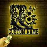 Custom Cowboy Boots with Flowers Metal Wall Art with LED Light Personalized Western Horse Shoes Name Sign Country