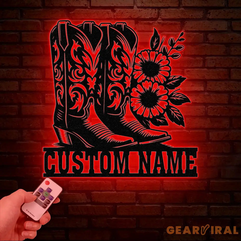 Custom Cowboy Boots with Flowers Metal Wall Art with LED Light Personalized Western Horse Shoes Name Sign Country