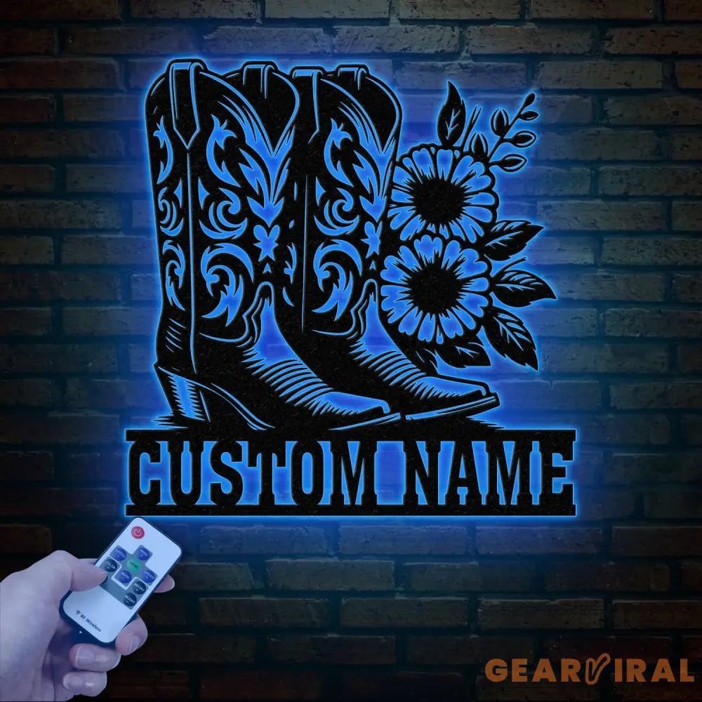 Custom Cowboy Boots with Flowers Metal Wall Art with LED Light Personalized Western Horse Shoes Name Sign Country