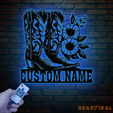 Custom Cowboy Boots with Flowers Metal Wall Art with LED Light Personalized Western Horse Shoes Name Sign Country
