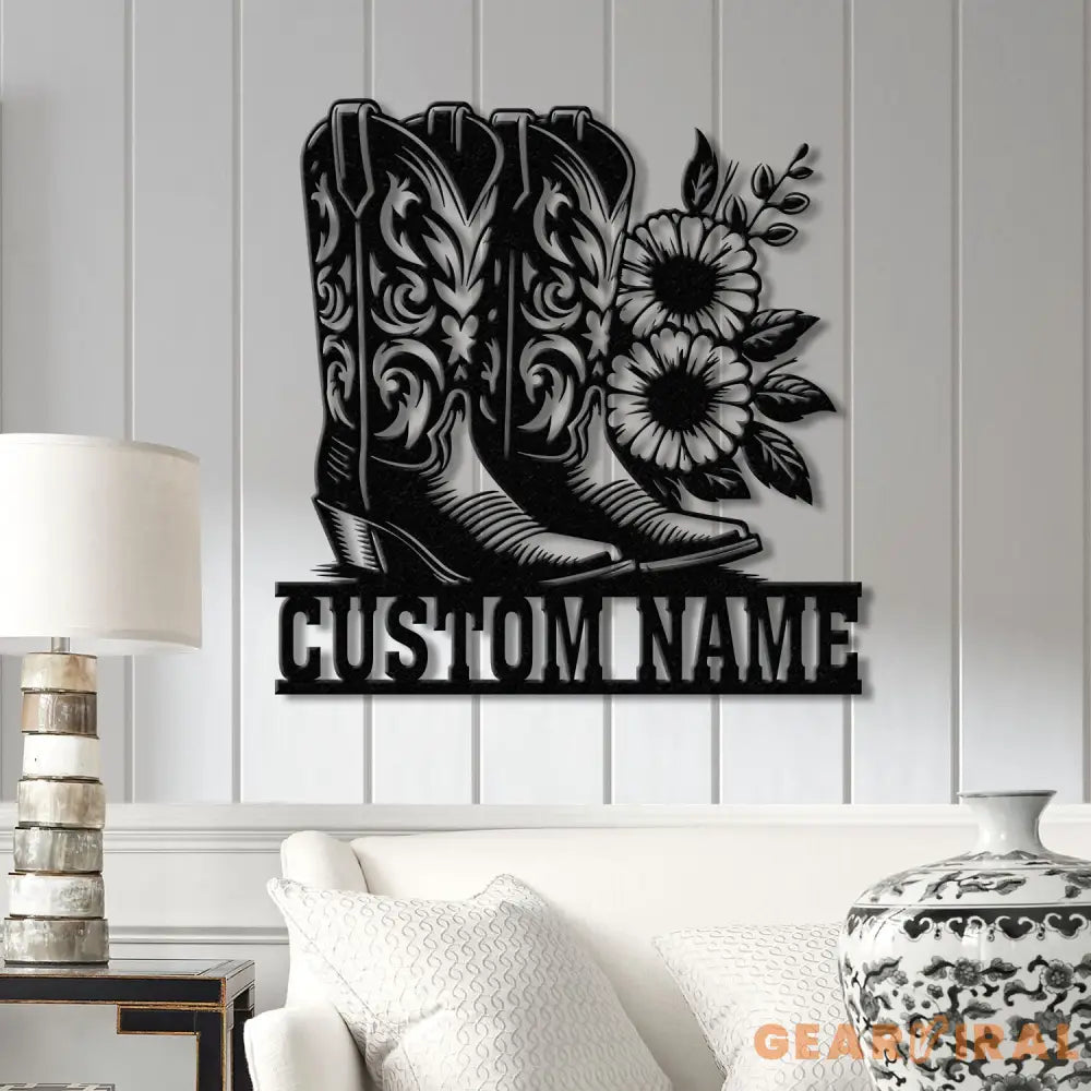 Custom Cowboy Boots with Flowers Metal Wall Art with LED Light Personalized Western Horse Shoes Name Sign Country