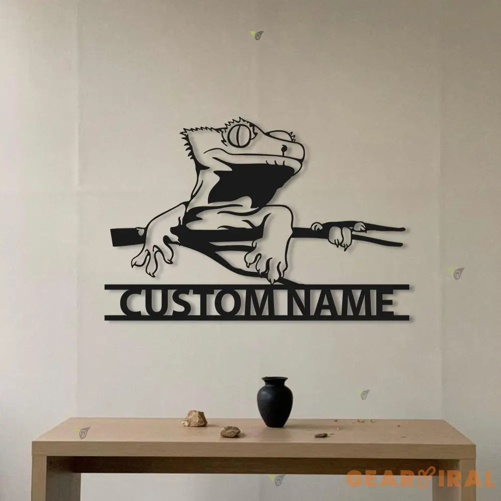 Custom Crested Gecko Metal Wall Art LED Light Personalized Ledge Lizard Lover Name Sign Home Decor Pet Animal Kid