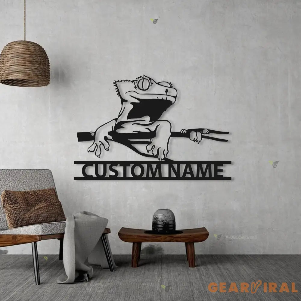 Custom Crested Gecko Metal Wall Art LED Light Personalized Ledge Lizard Lover Name Sign Home Decor Pet Animal Kid