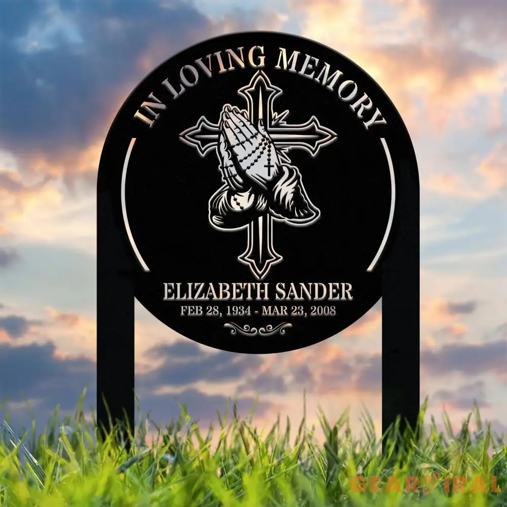 Custom Cross with Praying Hand Memorial Plaque Stake Religion Metal Stake Sympathy Sign Grave Marker Remembrance Stake