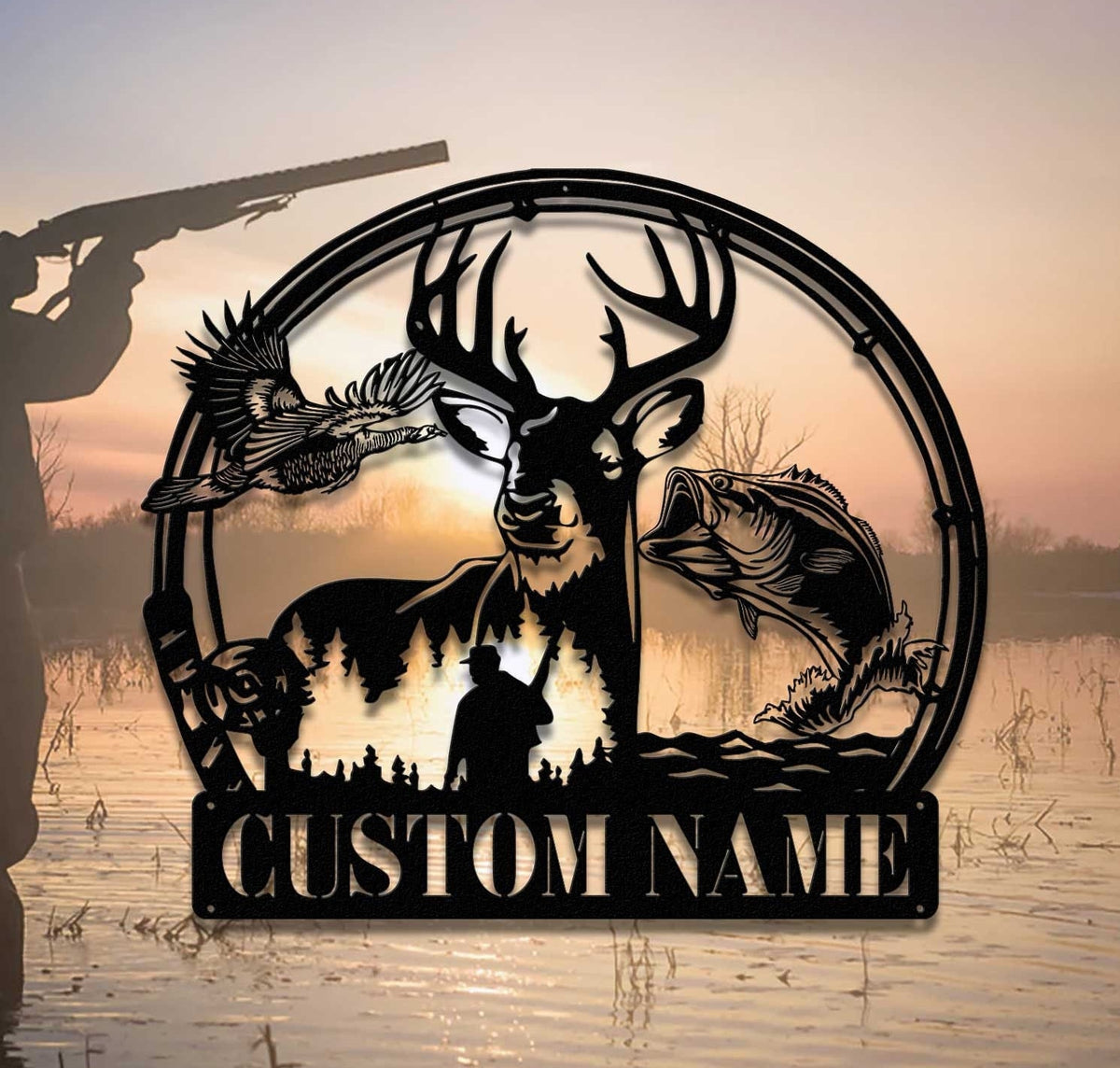 Custom Deer Turkey And Bass Fishing Metal Wall Art Hunter Gift Personalized Hunter Name Sign Home Decor Cabin Decoration Housewarming Xmas | GearViral