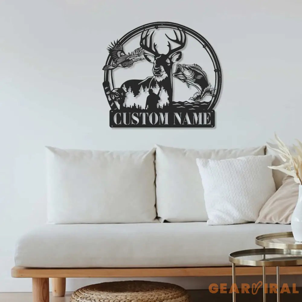 Custom Deer Turkey And Bass Fishing Metal Wall Art Hunter Gift Personalized Hunter Name Sign Home Decor Cabin