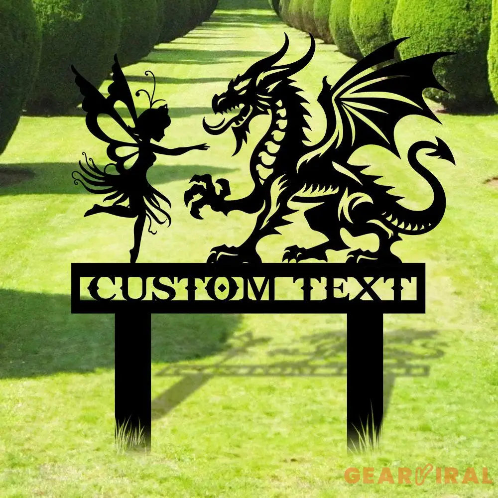 Custom Dragon and Fairy Metal Stake Personalized Family Name Yard Sign Outdoor Door Garden Decor Garden Art Garden