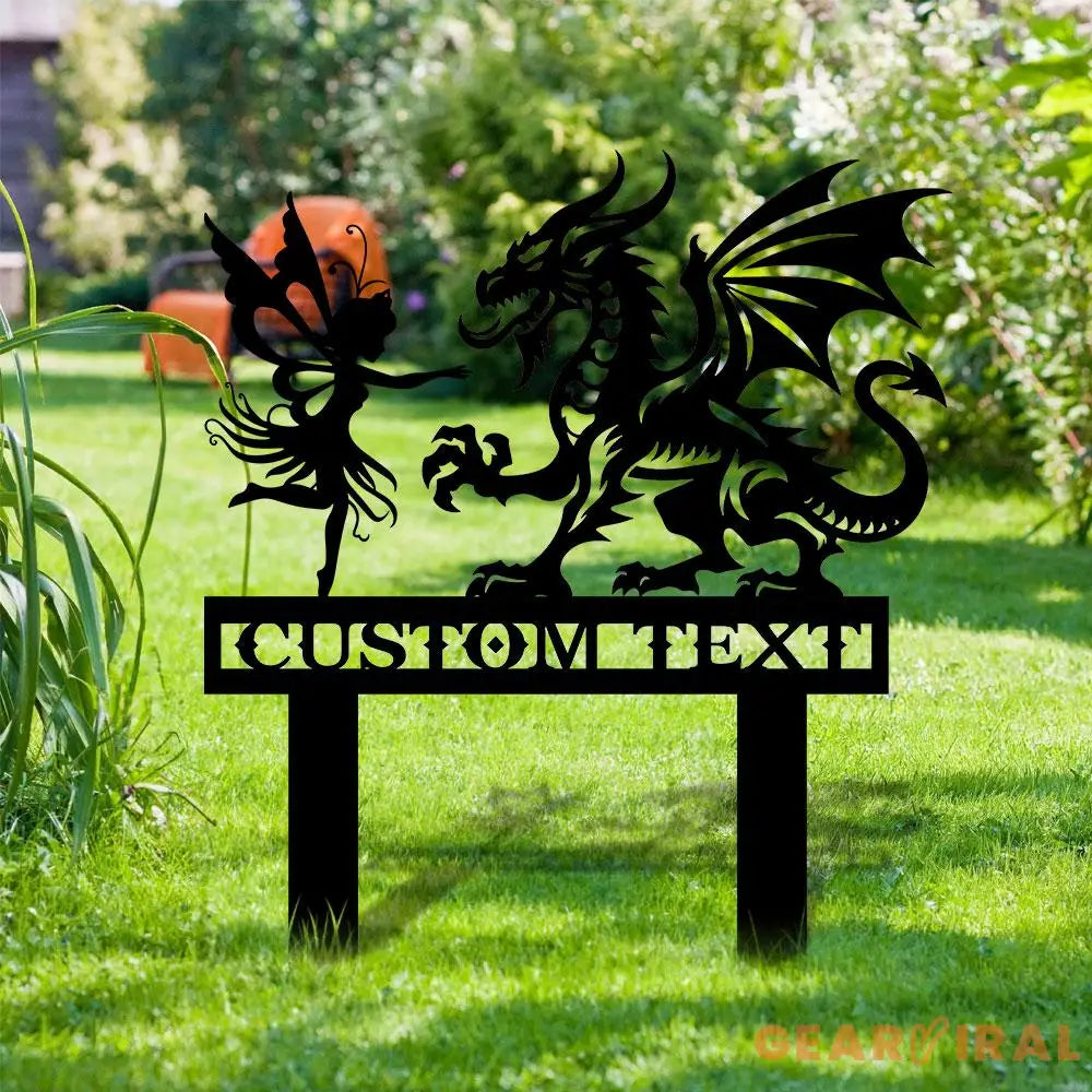 Custom Dragon and Fairy Metal Stake Personalized Family Name Yard Sign Outdoor Door Garden Decor Garden Art Garden