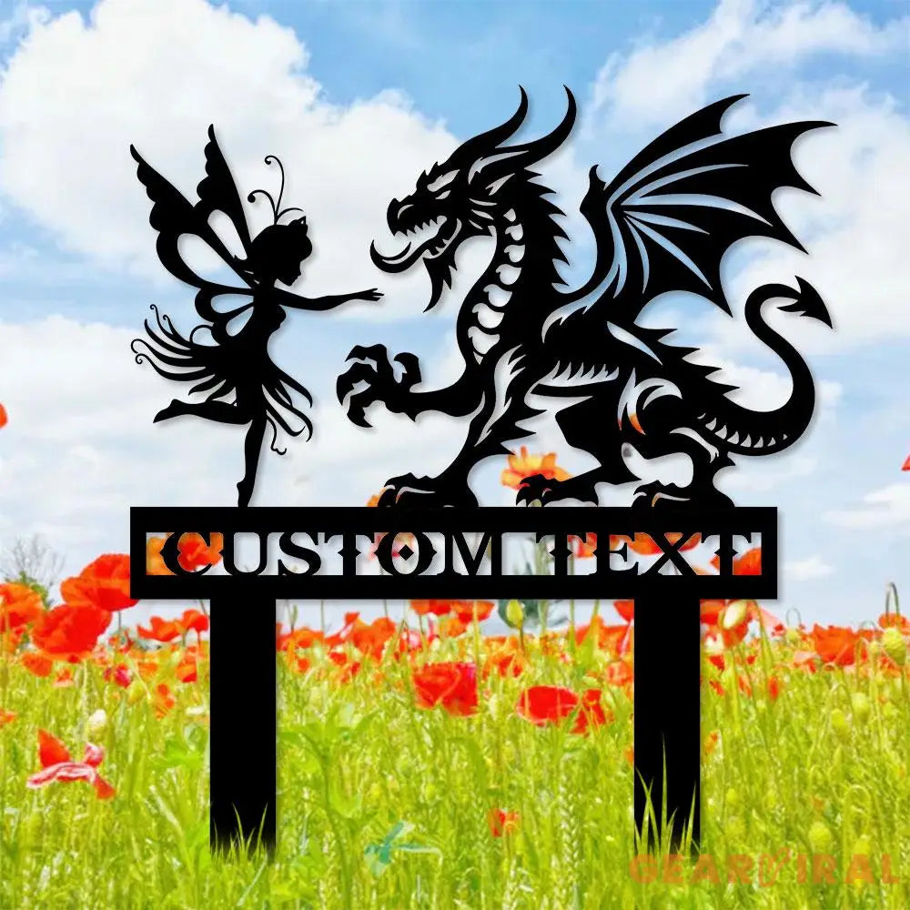 Custom Dragon and Fairy Metal Stake Personalized Family Name Yard Sign Outdoor Door Garden Decor Garden Art Garden
