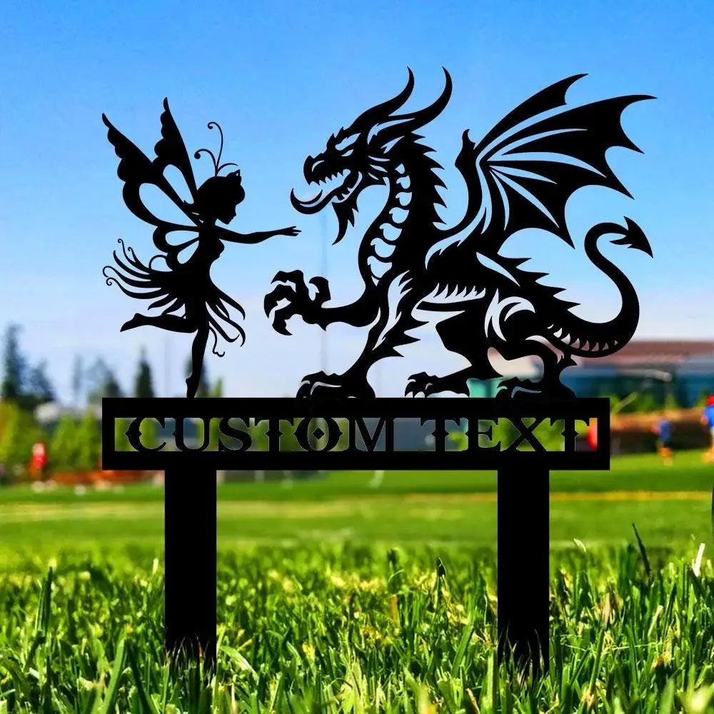 Custom Dragon and Fairy Metal Stake Personalized Family Name Yard Sign Outdoor Door Garden Decor Garden Art Garden