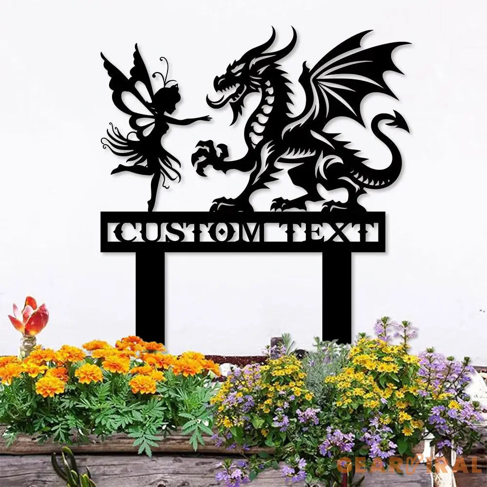 Custom Dragon and Fairy Metal Stake Personalized Family Name Yard Sign Outdoor Door Garden Decor Garden Art Garden