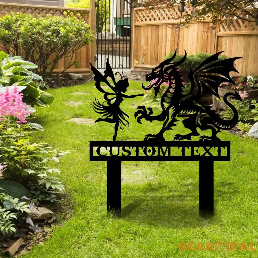 Custom Dragon and Fairy Metal Stake Personalized Family Name Yard Sign Outdoor Door Garden Decor Garden Art Garden