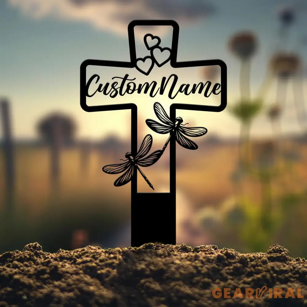 Custom Dragonfly Memorial Cross Plaque Stake Personalized Cross with Hearts Grave Marker Cemetery Stake In Memory of