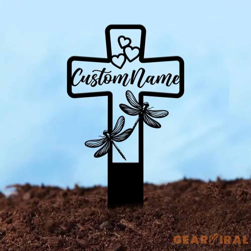 Custom Dragonfly Memorial Cross Plaque Stake Personalized Cross with Hearts Grave Marker Cemetery Stake In Memory of