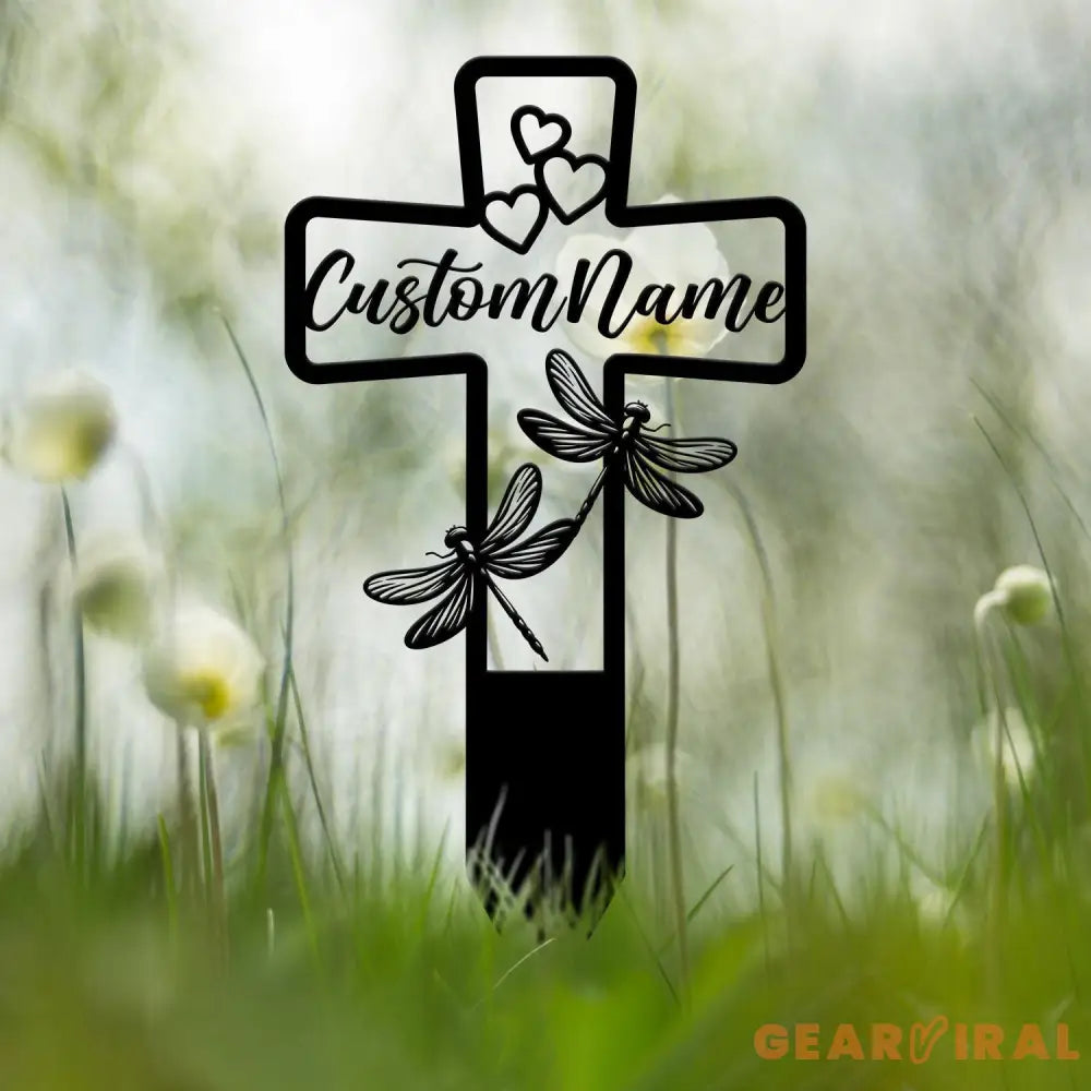 Custom Dragonfly Memorial Cross Plaque Stake Personalized Cross with Hearts Grave Marker Cemetery Stake In Memory of