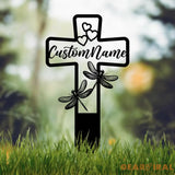 Custom Dragonfly Memorial Cross Plaque Stake Personalized Cross with Hearts Grave Marker Cemetery Stake In Memory of
