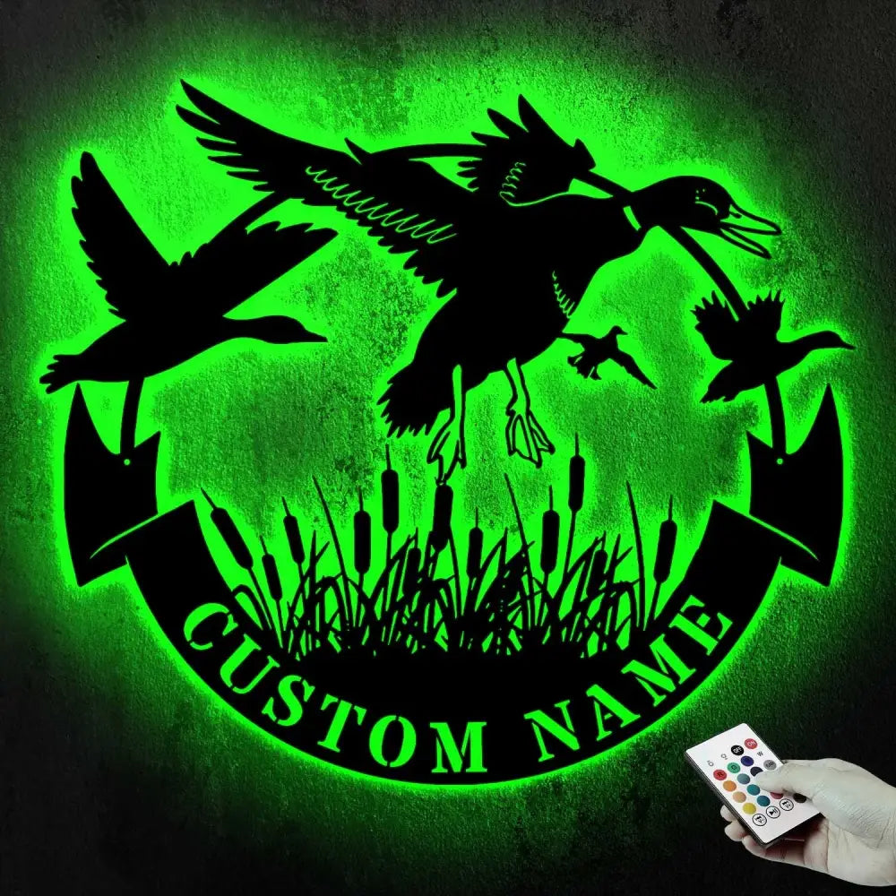 Custom Duck Hunting Metal Wall Art LED Light Personalized Hunter Name Sign Home Decor Duck Cabin Decoration